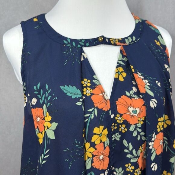 Jodifl Navy Blue Floral Short Sleeveless Tunic Dress Small keyhole Neck Boho - Picture 4 of 10